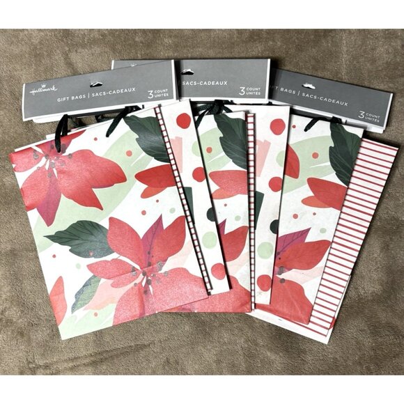 Lot of 3 Gift Bags Christmas 9 Bags Poinsettia Stripe Fa La La 8.5" x 7" Medium - Picture 1 of 6